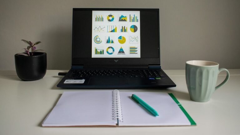 Laptop Exibindo Graficos Ao Lado Do Caderno E Da Caneca adFE OdO7RA