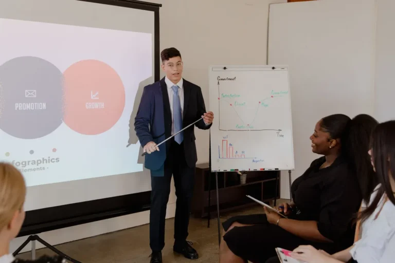 Young professional presents growth strategy using charts and graphs in a meeting.